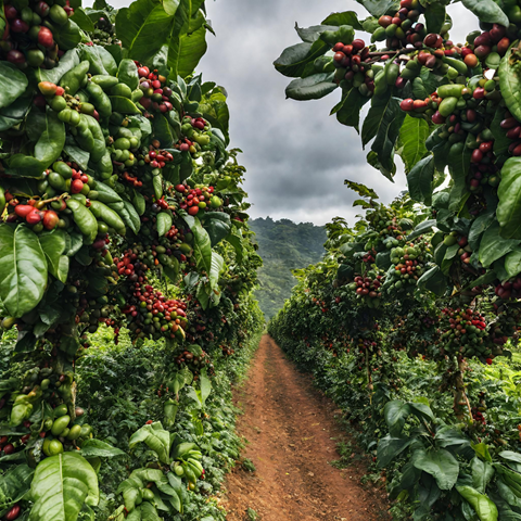 Coffee beans Trees and their cherries.